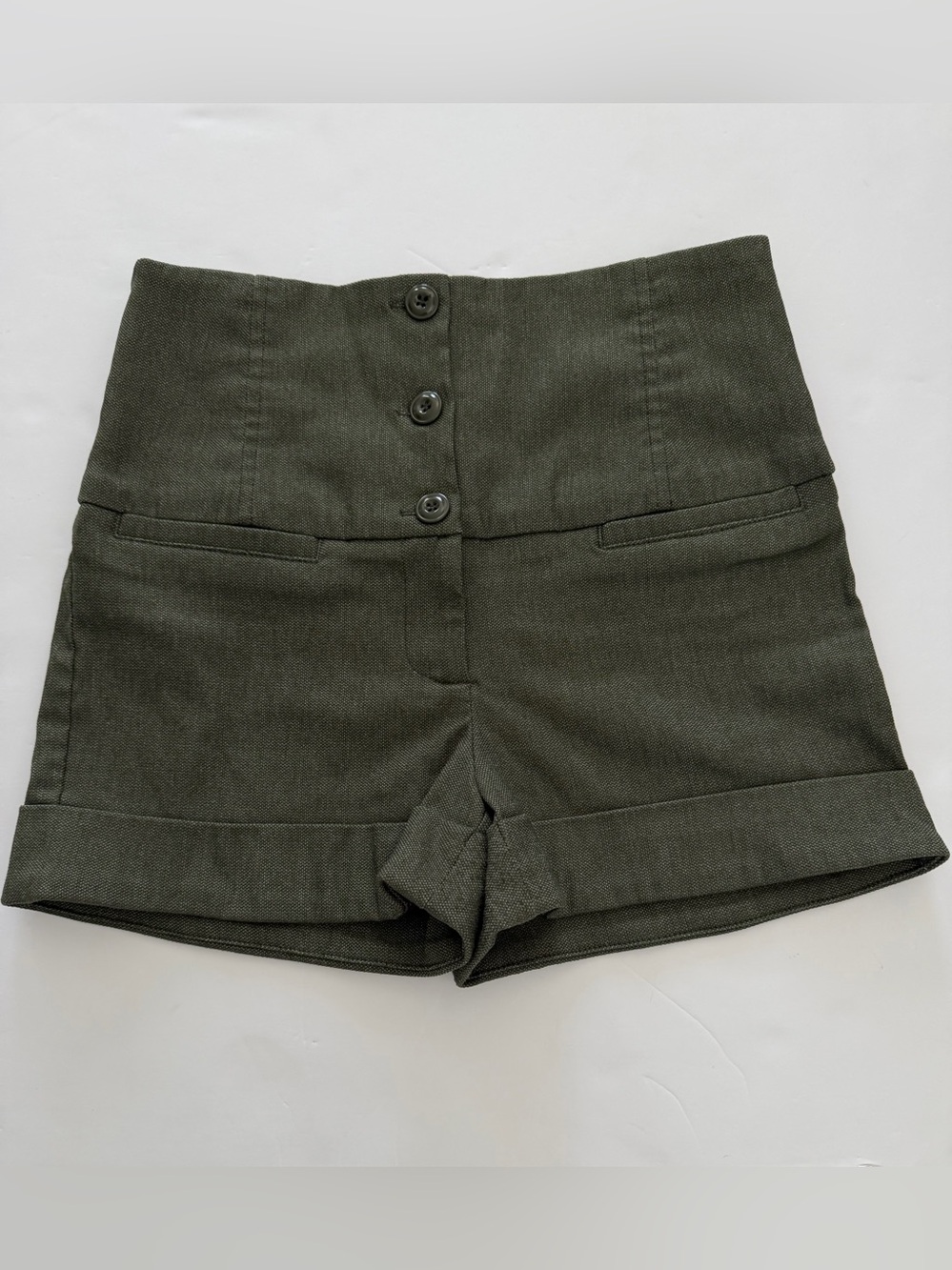 High Waisted Olive Green Textured Shorts Size Small Button Front Cuffed Hem